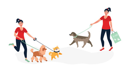 A girl walking with a dog. Walking and running with Pets. Dog walking specialist, vector illustration