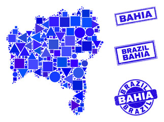 Vector mosaic Bahia State map. Geographic collage in blue color hues, and dirty round and rectangle seals. Abstract mosaic of Bahia State map created of sphere, tringle, square geometric items.