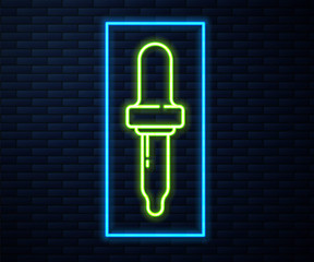 Glowing neon line Pipette icon isolated on brick wall background. Element of medical, chemistry lab equipment. Pipette with drop. Medicine symbol. Vector