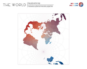 Low poly world map. Transverse spherical Mercator projection of the world. Red Blue colored polygons. Contemporary vector illustration.
