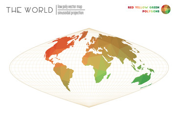 World map with vibrant triangles. Sinusoidal projection of the world. Red Yellow Green colored polygons. Modern vector illustration.