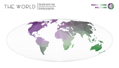 Low poly design of the world. Bromley projection of the world. Purple Green colored polygons. Energetic vector illustration.
