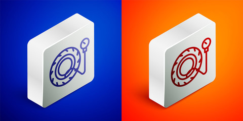 Isometric line Tire pressure gauge icon isolated on blue and orange background. Checking tire pressure. Gauge, manometer. Car safe concept. Silver square button. Vector