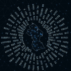 Guyana digital map. Binary rays radiating around glowing country. Internet connections and data exchange design. Vector illutration.