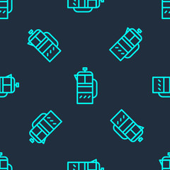 Green line French press icon isolated seamless pattern on blue background. Vector