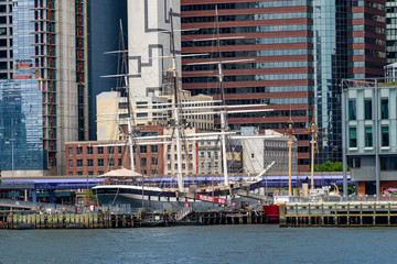 New York City - May 17, 2020:Manhattan view  as seen from Brooklyn Bridge Park, New York City