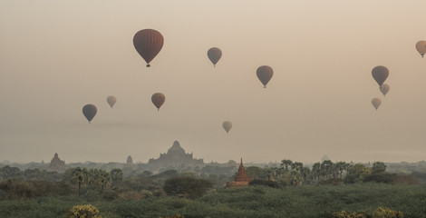 Balloons flight over temples in Bagan, Myanmar
