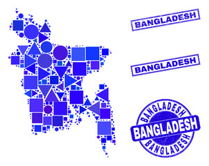 Vector mosaic Bangladesh map. Geographic collage in blue color tones, and corroded round and rectangle stamps. Abstract mosaic of Bangladesh map made of round, triangles, square geometric elements.