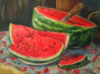 Still life with a ripe watermelon, oil painting