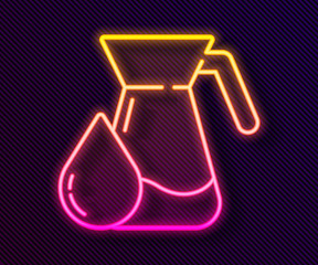 Glowing neon line Jug glass with water icon isolated on black background. Kettle for water. Glass decanter with drinking water. Vector Illustration
