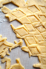 Cutting cookie dough. Forming dough for baking cookies. Selective soft focus.