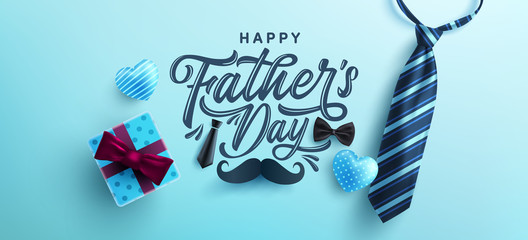 Father's Day poster or banner template with necktie and gift box on blue background.Greetings and presents for Father's Day in flat lay styling.Promotion and shopping template for love dad