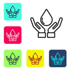 Black line Washing hands with soap icon isolated on white background. Washing hands with soap to prevent virus and bacteria. Set icons in color square buttons. Vector Illustration