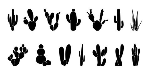 Black silhouettes of cacti , succulents, aloes. Vector illustration of flora isolated on a white background. Cactus icons. Mexican desert cactus, tropical plants , summer garden.  Cactus hand drawn