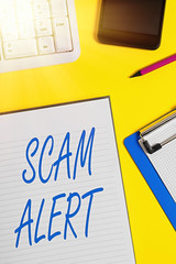 Conceptual hand writing showing Scam Alert. Concept meaning unsolicited email that claims the...