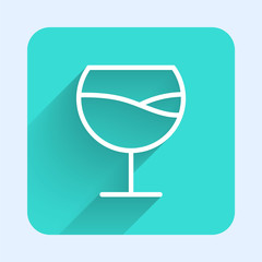 White line Wine glass icon isolated with long shadow. Wineglass sign. Green square button. Vector Illustration