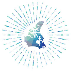 Shape of Canada, polygonal sunburst. Map of the country with colorful star rays. Canada illustration in digital, technology, internet, network style. Vector illustration.