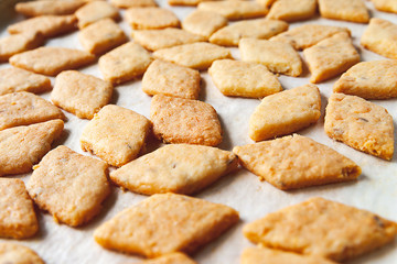 Freshly baked cookies. Closeup of a lot of hot fresh cheese pastry on a baking sheet. Selective soft focus.