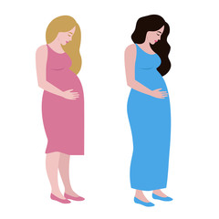 Simple cute colorful vector illustration of pregnant women with different hairstyle. 