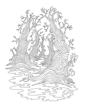 Fantastic gothic forest. Hand-drawn concept for adult coloring book, page, postcard, print. Vector outline illustration. Stylized doodle composition.