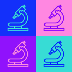 Pop art line Microscope icon isolated on color background. Chemistry, pharmaceutical instrument, microbiology magnifying tool. Vector Illustration