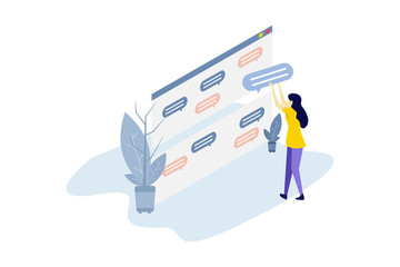 A woman puts up a comment menu on the wall. Social media comments. Followers comments. Flat design Illustration vector.