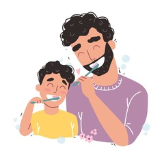 Father and son Brushing Their Teeth. happy family and health.
