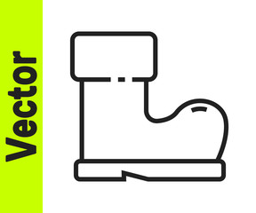 Black line Waterproof rubber boot icon isolated on white background. Gumboots for rainy weather, fishing, gardening. Vector Illustration