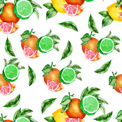 Watercolor illustration of citrus with leaves. Seamless, hand-painted. For the design of postcards, patterns on the fabric.