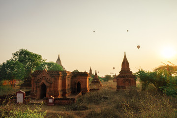 Ballons over the temples of Bagan, Myanmar, Burma