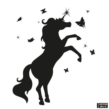 Black Silhouette of a beautiful magical unicorn.