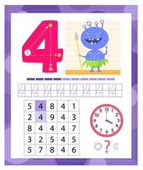 Learning Number 4 with funny monster. Coloring printable worksheet for kindergarten and preschool. Four. Handwriting practice. Coloring book.