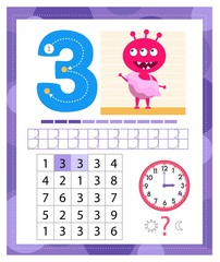 Learning Number 3 with funny monster. Coloring printable worksheet for kindergarten and preschool. Three. Handwriting practice. Coloring book.