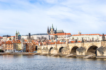Fototapeta premium Prague, Czech Republic - February 22, 2020: Charles Bridge over Vltava river in Prague.