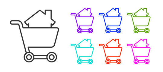 Black line Shopping cart with house icon isolated on white background. Buy house concept. Home loan concept, rent, buying a property. Set icons colorful. Vector Illustration