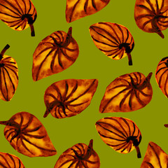 Watercolor illustration of exotic leaves on a green background. Seamless. For postcards