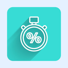 White line Stopwatch and percent icon isolated with long shadow. Time timer sign. Green square button. Vector Illustration