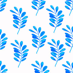 Watercolor illustration of a blue branch on a white background. Seamless. For postcards