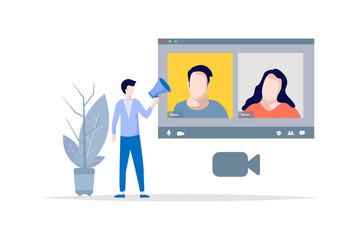Conference video call menu template, working from home. Colleagues talk to each other people participants.