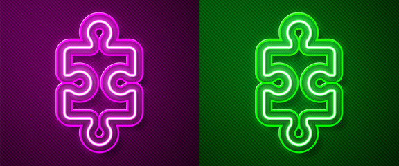Glowing neon line Piece of puzzle icon isolated on purple and green background. Business, marketing, finance, layout, infographics, internet concept. Vector Illustration