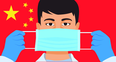 Coronavirus infection prevent in China. Medical mask from coronavirus (covid-19). Doctor in hospital protect. How to put mask on face. Young chinese man.