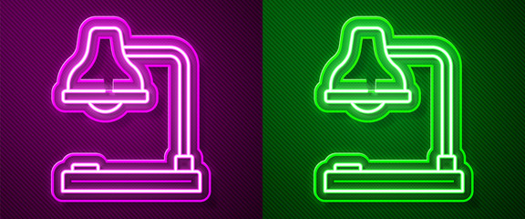 Glowing neon line Table lamp icon isolated on purple and green background. Table office lamp. Vector Illustration