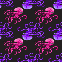 Cotton fabric seamless octopus monster pattern pink and purple on black background. Vector image