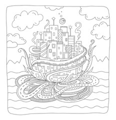Fairytale town. Fantasy city concept for adult coloring book. Vector outline illustration with doodle and zentangle elements. Hand-drawn, stylized doodle composition.