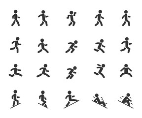Fototapeta na wymiar Vector set of movement people flat icons. Contains icons walking, running, jumping, climbing, descending, gait and more. Pixel perfect.