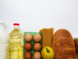 Food for donations during quarantine coronavirus on a white background. 