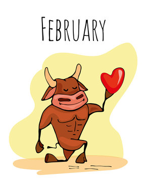 A ox, bull fun cartoon holds a heart in his hand, Valentine's Day greeting card, calendar. Ox ,bull, cow symbol of the 2021 new year.