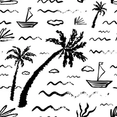 Vlies Fototapete Meereswellen Nahtloses Muster mit Hand gezeichneten Vektorreisegegenständen. Tropisches Ornament für Postkarte, Grußkarte, Poster, Banner, Tapete. Lustiger Hintergrund für Urlaub und Party. Textildruck. Doodle-Stil
