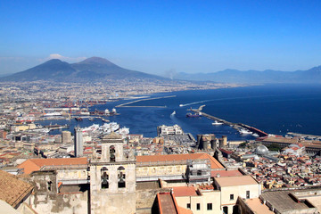 Naples, Italy - Stunning view of the Certosa di San Martino monastery complex, the city of Napoli and Mount Vesuvius. From the Castle Sant'Elmo on the Vomero hill.