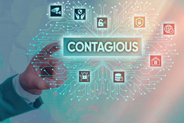 Writing note showing Contagious. Business concept for transmissible by direct or indirect contact...